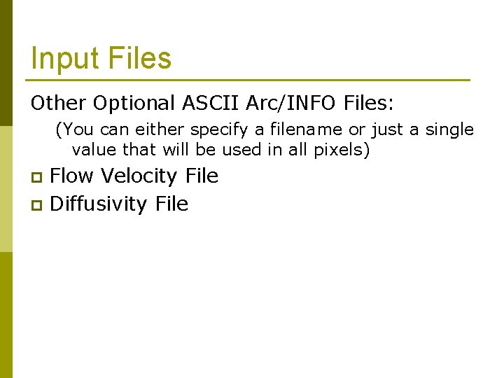 Input Files Other Optional ASCII Arc/INFO Files: (You can either specify a filename or