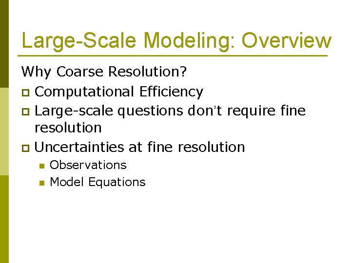 Large-Scale Modeling: Overview Why Coarse Resolution? p Computational Efficiency p Large-scale questions don’t require