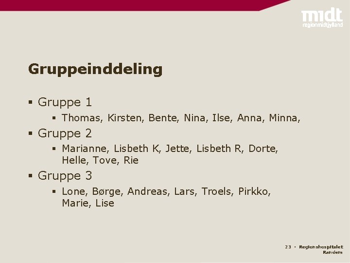 Gruppeinddeling § Gruppe 1 § Thomas, Kirsten, Bente, Nina, Ilse, Anna, Minna, § Gruppe