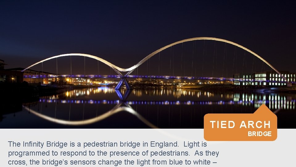 TIED ARCH BRIDGE The Infinity Bridge is a pedestrian bridge in England. Light is