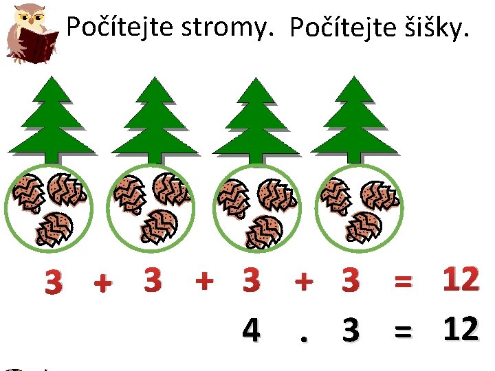 Počítejte stromy. Počítejte šišky. 3 + 3 + 3 = 12 4. 3 =