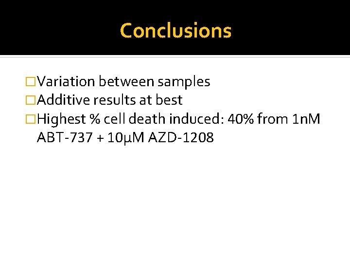 Conclusions �Variation between samples �Additive results at best �Highest % cell death induced: 40%