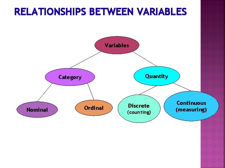 RELATIONSHIPS BETWEEN VARIABLES Variables Quantity Category Nominal Ordinal Discrete (counting) Continuous (measuring) 