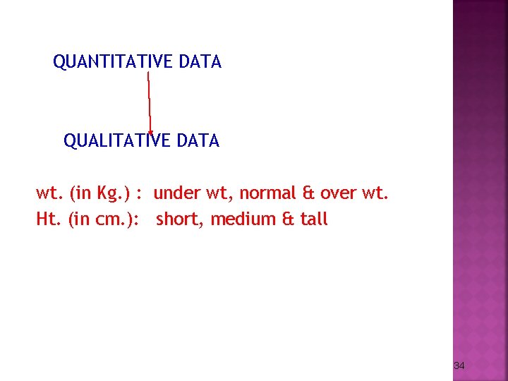 QUANTITATIVE DATA QUALITATIVE DATA wt. (in Kg. ) : under wt, normal & over