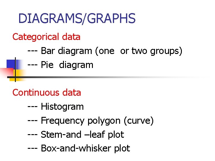 DIAGRAMS/GRAPHS Categorical data --- Bar diagram (one or two groups) --- Pie diagram Continuous