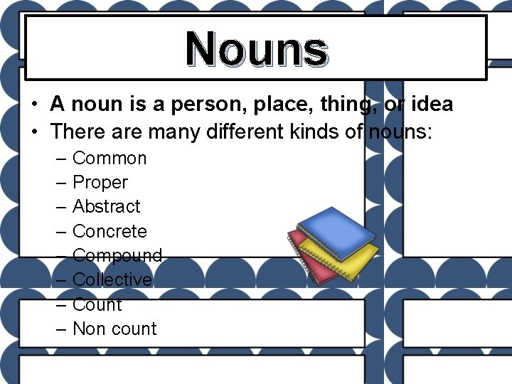 Nouns • A noun is a person, place, thing, or idea • There are