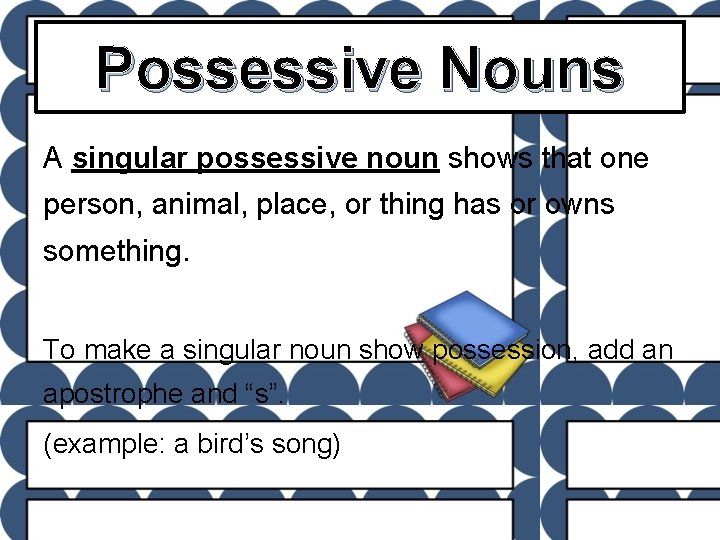 Possessive Nouns A singular possessive noun shows that one person, animal, place, or thing