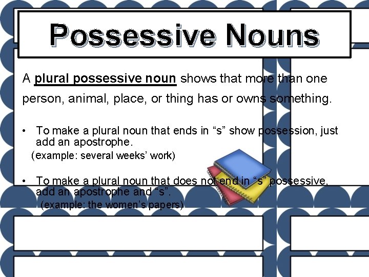 Possessive Nouns A plural possessive noun shows that more than one person, animal, place,