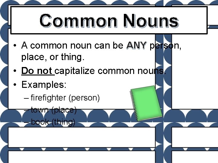 Common Nouns • A common noun can be ANY person, place, or thing. •