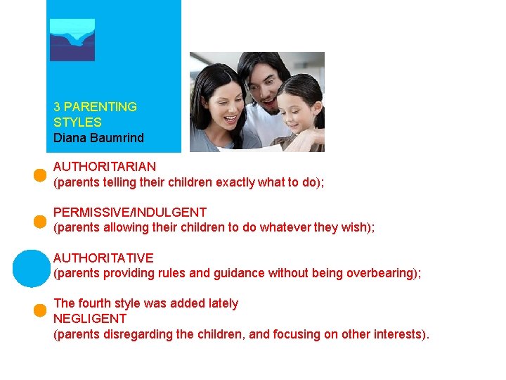 3 PARENTING STYLES Diana Baumrind AUTHORITARIAN (parents telling their children exactly what to do);