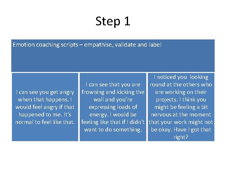 Step 1 Emotion coaching scripts – empathise, validate and label I noticed you looking