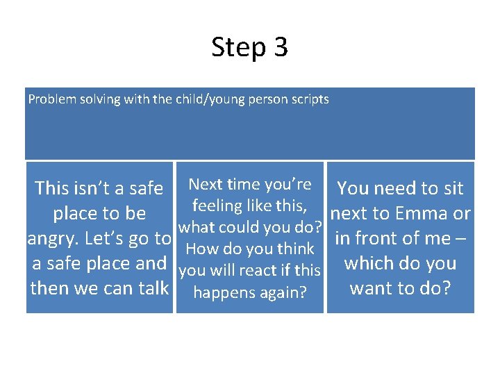 Step 3 Problem solving with the child/young person scripts This isn’t a safe Next