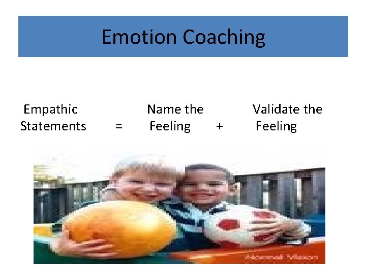 Emotion Coaching Empathic Name the Statements = Feeling + Validate the Feeling 