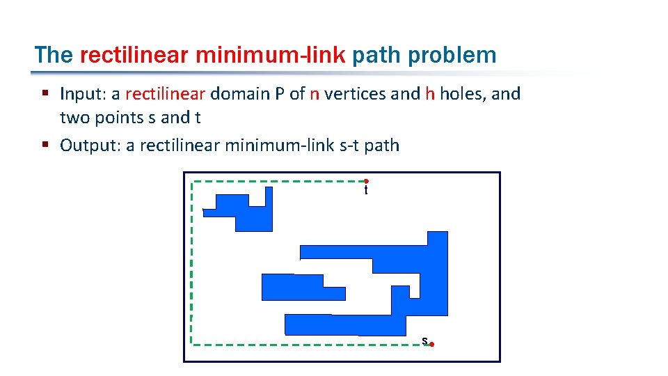 The rectilinear minimum-link path problem § Input: a rectilinear domain P of n vertices