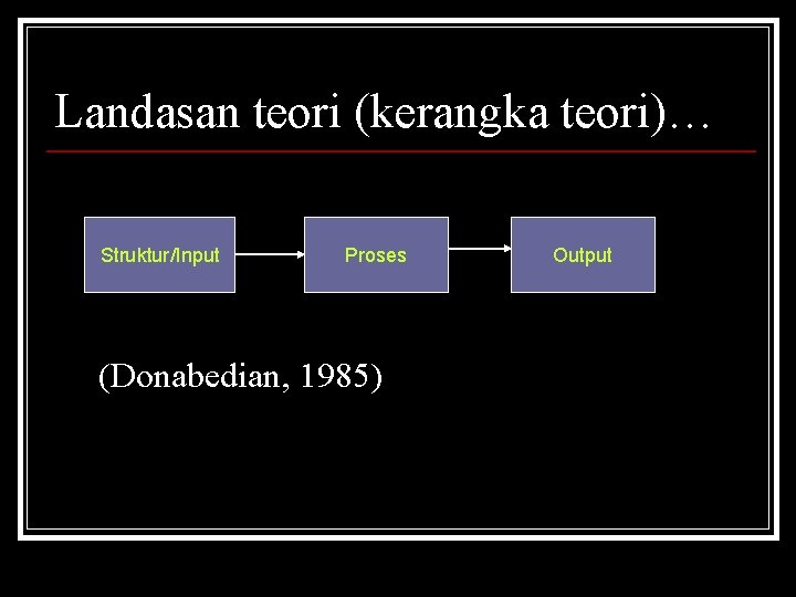 Landasan teori (kerangka teori)… Struktur/Input Proses (Donabedian, 1985) Output 