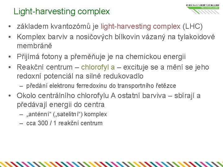 Light-harvesting complex • základem kvantozómů je light-harvesting complex (LHC) • Komplex barviv a nosičových