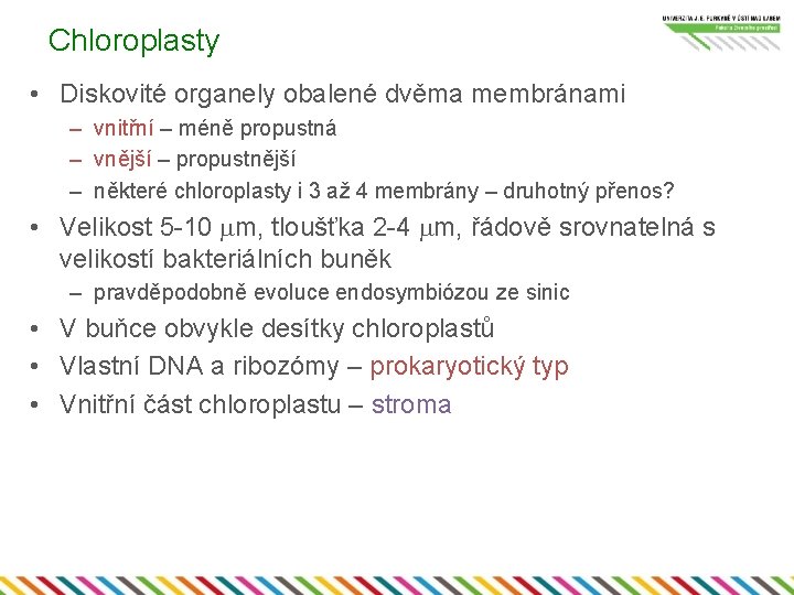 Chloroplasty • Diskovité organely obalené dvěma membránami – vnitřní – méně propustná – vnější