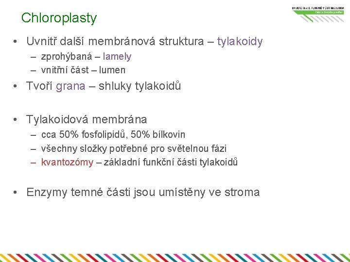 Chloroplasty • Uvnitř další membránová struktura – tylakoidy – zprohýbaná – lamely – vnitřní