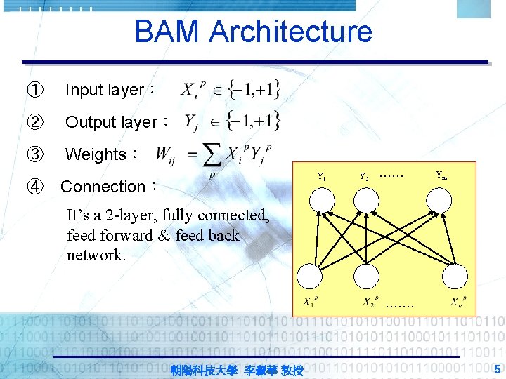 BAM Architecture ① Input layer： ② Output layer： ③ Weights： Y 1 ④ Connection：