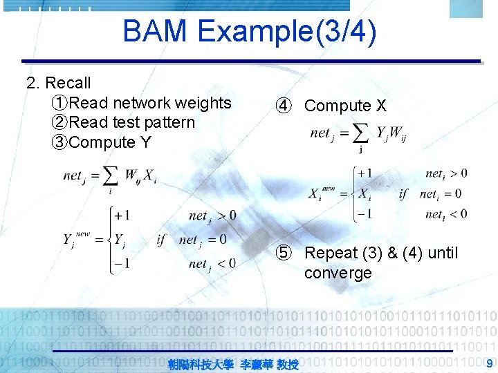 BAM Example(3/4) 2. Recall ①Read network weights ②Read test pattern ③Compute Y ④ Compute