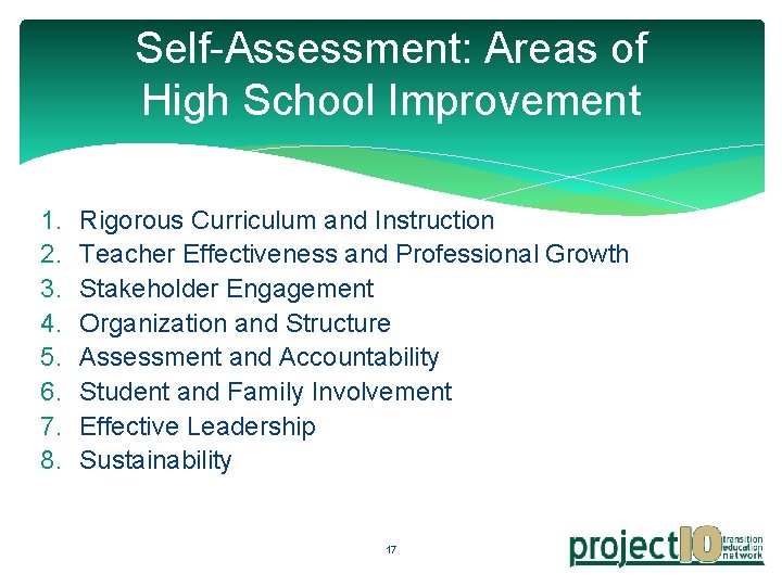 Self-Assessment: Areas of High School Improvement 1. 2. 3. 4. 5. 6. 7. 8.