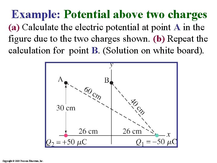 Example: Potential above two charges (a) Calculate the electric potential at point A in