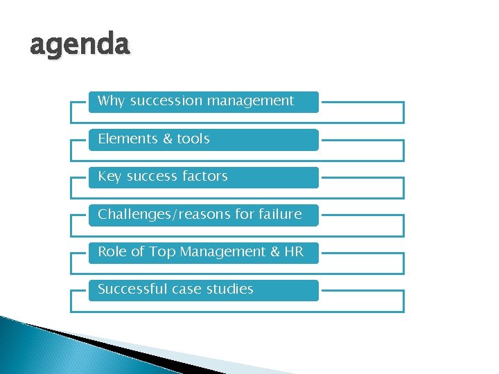 agenda Why succession management Elements & tools Key success factors Challenges/reasons for failure Role