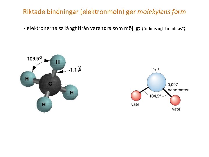 Riktade bindningar (elektronmoln) ger molekylens form - elektronerna så långt ifrån varandra som möjligt