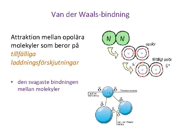 Van der Waals-bindning Attraktion mellan opolära molekyler som beror på tillfälliga laddningsförskjutningar • den