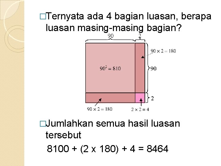 �Ternyata ada 4 bagian luasan, berapa luasan masing-masing bagian? �Jumlahkan semua hasil luasan tersebut