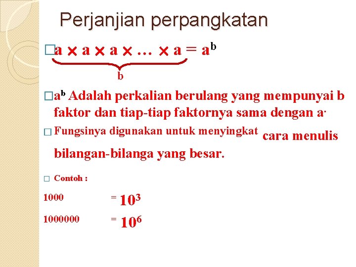 Perjanjian perpangkatan �a a a … a = ab b �ab Adalah perkalian berulang Perjanjian perpangkatan �a a a … a = ab b �ab Adalah perkalian berulang