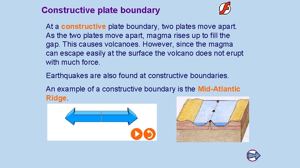 Constructive plate boundary At a constructive plate boundary, two plates move apart. As the