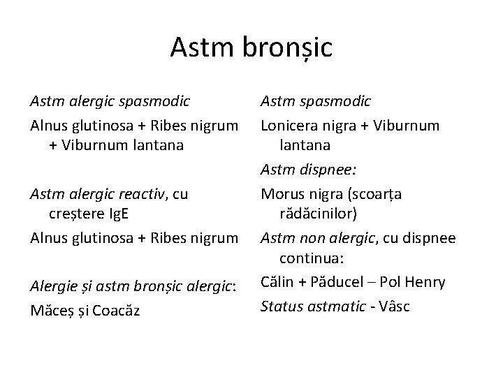 Astm bronșic Astm alergic spasmodic Alnus glutinosa + Ribes nigrum + Viburnum lantana Astm