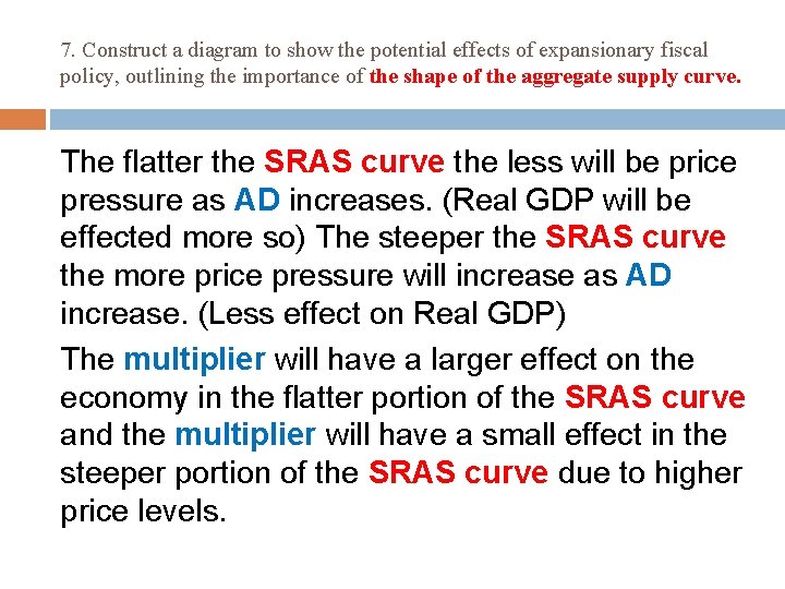 7. Construct a diagram to show the potential effects of expansionary fiscal policy, outlining