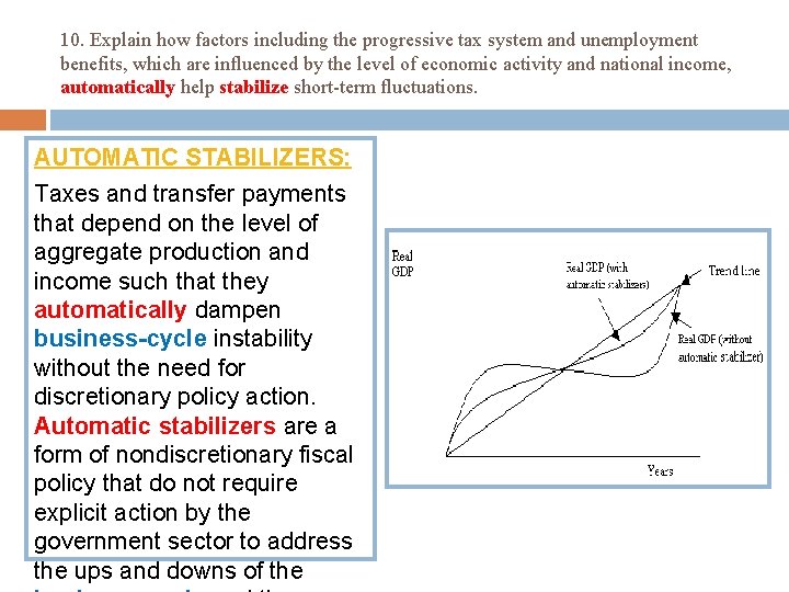 10. Explain how factors including the progressive tax system and unemployment benefits, which are