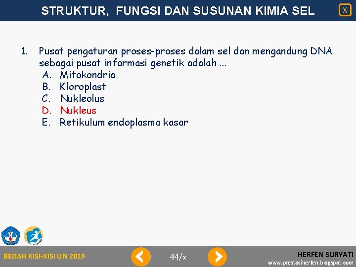 STRUKTUR, FUNGSI DAN SUSUNAN KIMIA SEL 1. X Pusat pengaturan proses-proses dalam sel dan