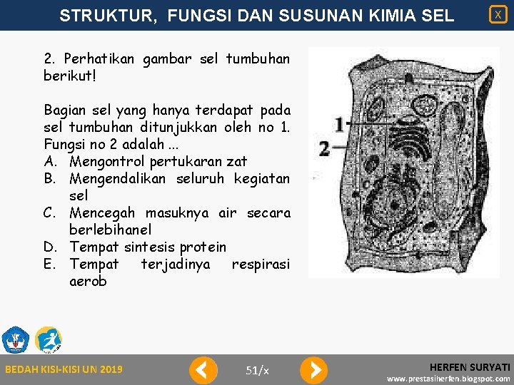 STRUKTUR, FUNGSI DAN SUSUNAN KIMIA SEL X 2. Perhatikan gambar sel tumbuhan berikut! Bagian