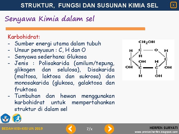 STRUKTUR, FUNGSI DAN SUSUNAN KIMIA SEL X Senyawa Kimia dalam sel Karbohidrat: - Sumber