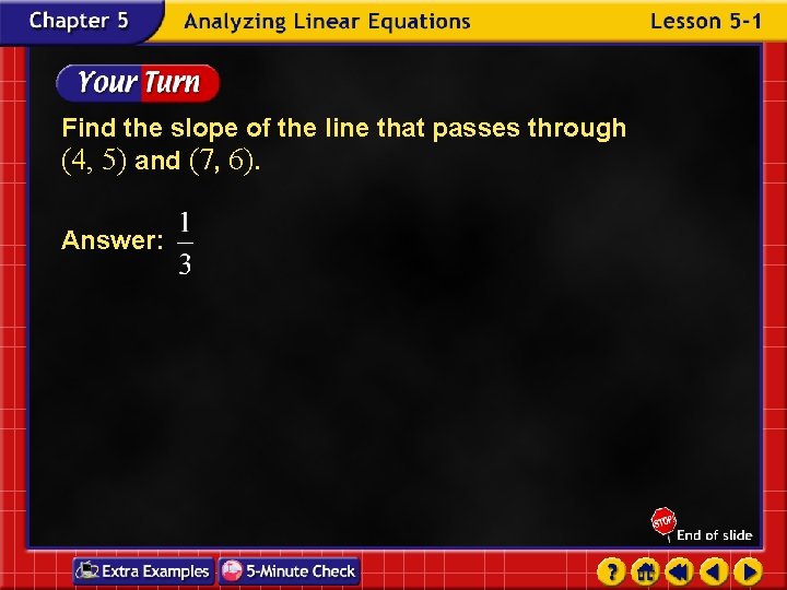 Find the slope of the line that passes through (4, 5) and (7, 6).