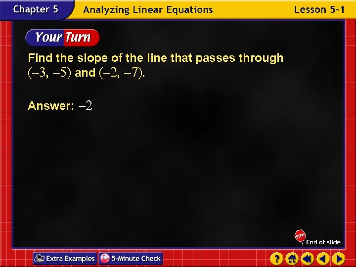 Find the slope of the line that passes through (– 3, – 5) and