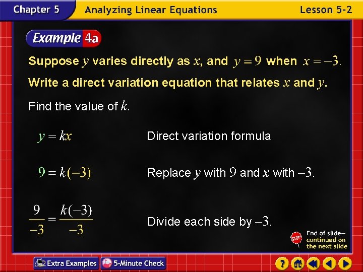 Suppose y varies directly as x, and when Write a direct variation equation that