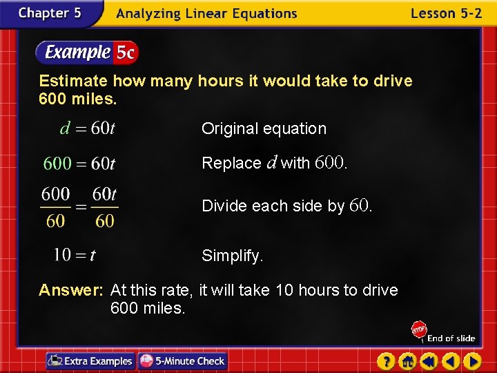 Estimate how many hours it would take to drive 600 miles. Original equation Replace