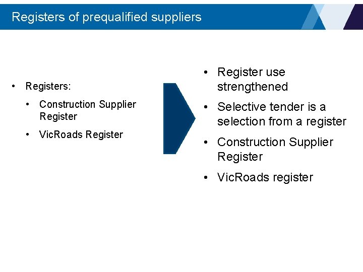Registers of prequalified suppliers • Registers: • Construction Supplier Register • Vic. Roads Register