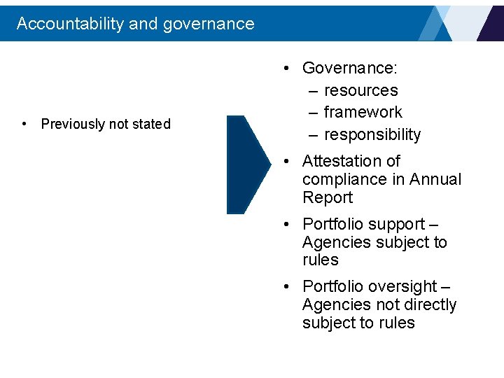 Accountability and governance • Previously not stated • Governance: – resources – framework –