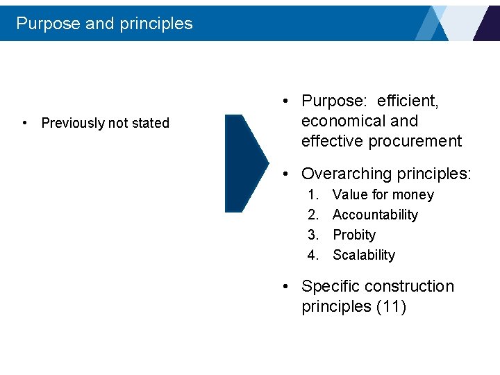 Purpose and principles • Previously not stated • Purpose: efficient, economical and effective procurement