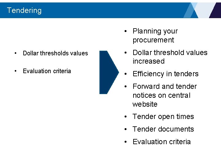 Tendering • Planning your procurement • Dollar thresholds values • Dollar threshold values increased