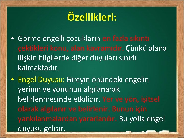 Özellikleri: • Görme engelli çocukların en fazla sıkıntı çektikleri konu, alan kavramıdır. Çünkü alana