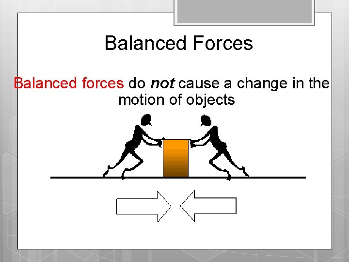 Balanced Forces Balanced forces do not cause a change in the motion of objects