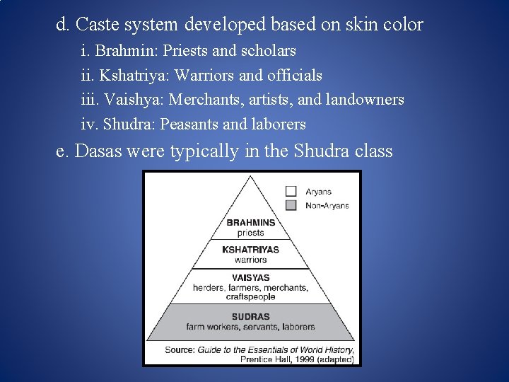 d. Caste system developed based on skin color i. Brahmin: Priests and scholars ii.