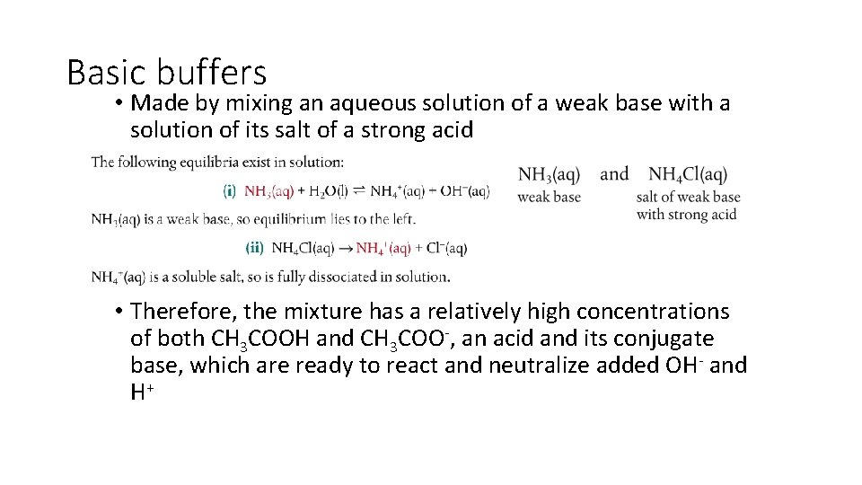 Basic buffers • Made by mixing an aqueous solution of a weak base with